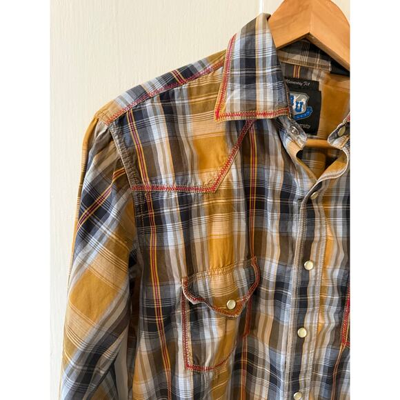 Resistol University Western Pearl Snap Button Down Shirt Mustard Plaid M - Picture 4 of 6